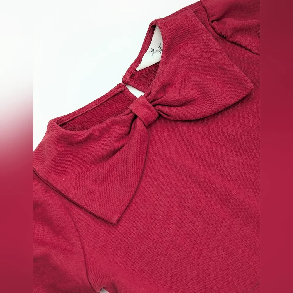 H&M Girls' (Size 4-6) Dark Red Ruffled Hem Sweatshirt Dress w/Large Bow Accent - Picture 7 of 16